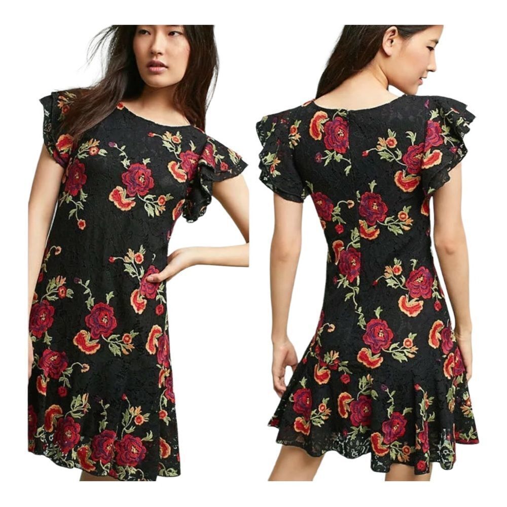 Anthropologie Eva Franco Poppy Black Floral Embroidered Mini Dress 4P Drop Waist